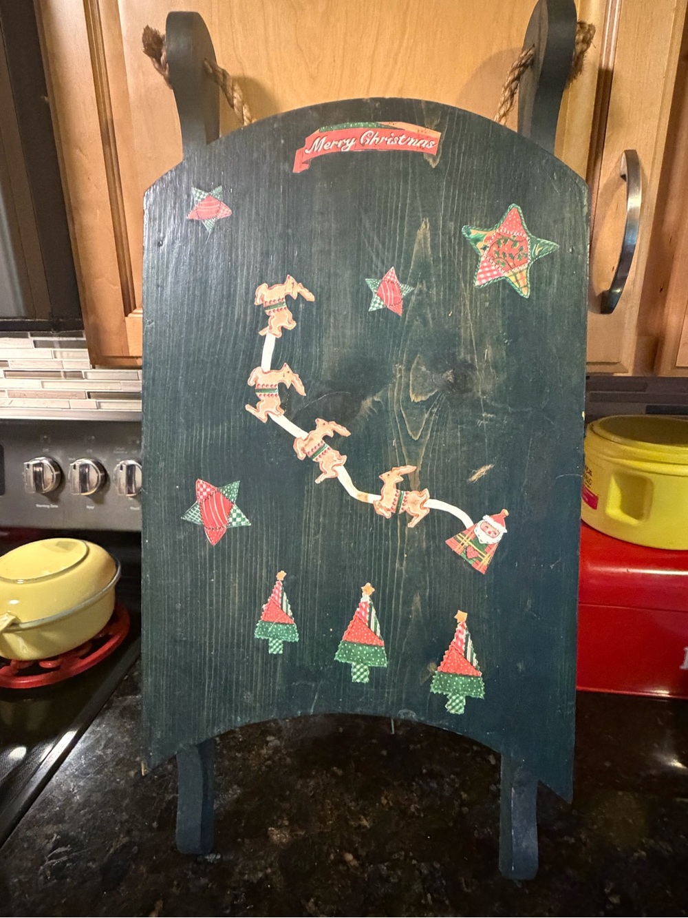 Vintage Wooden Sleigh Decor - Large 25" Hand Painted Green Christmas Decor